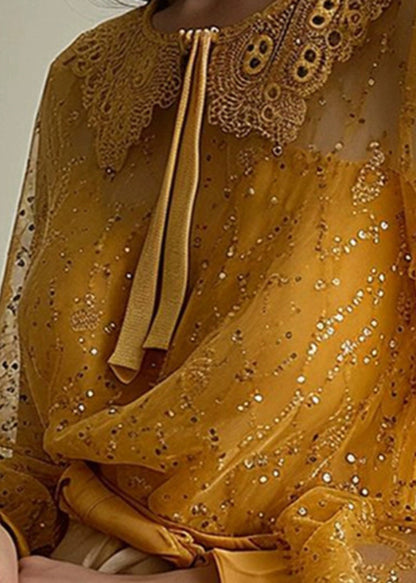 French Yellow Sequins Patchwork Tulle Shirt Long Sleeve OP1067 Ada Fashion