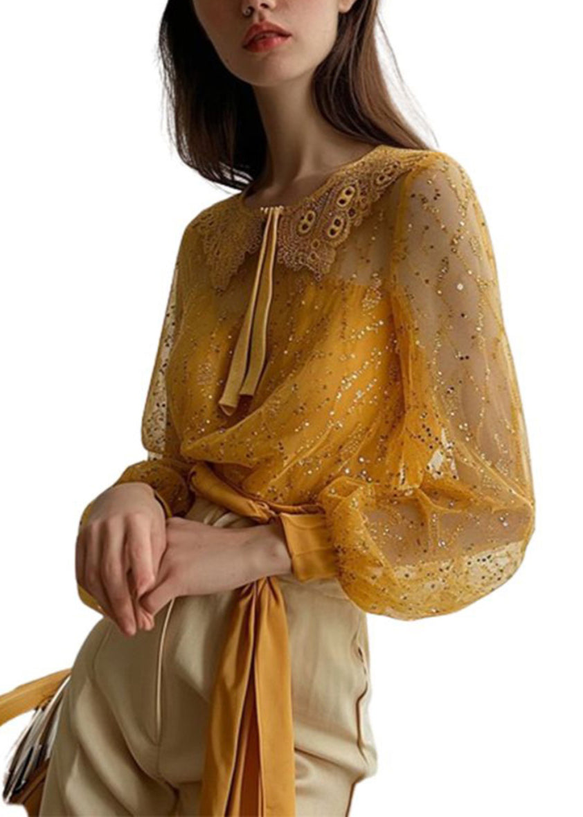French Yellow Sequins Patchwork Tulle Shirt Long Sleeve OP1067 Ada Fashion