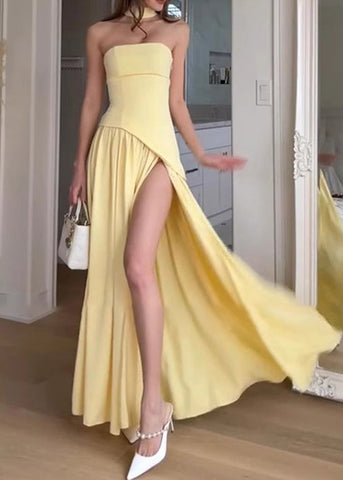 Summer French Yellow Side Strapless Patchwork Open Dress FashionChic