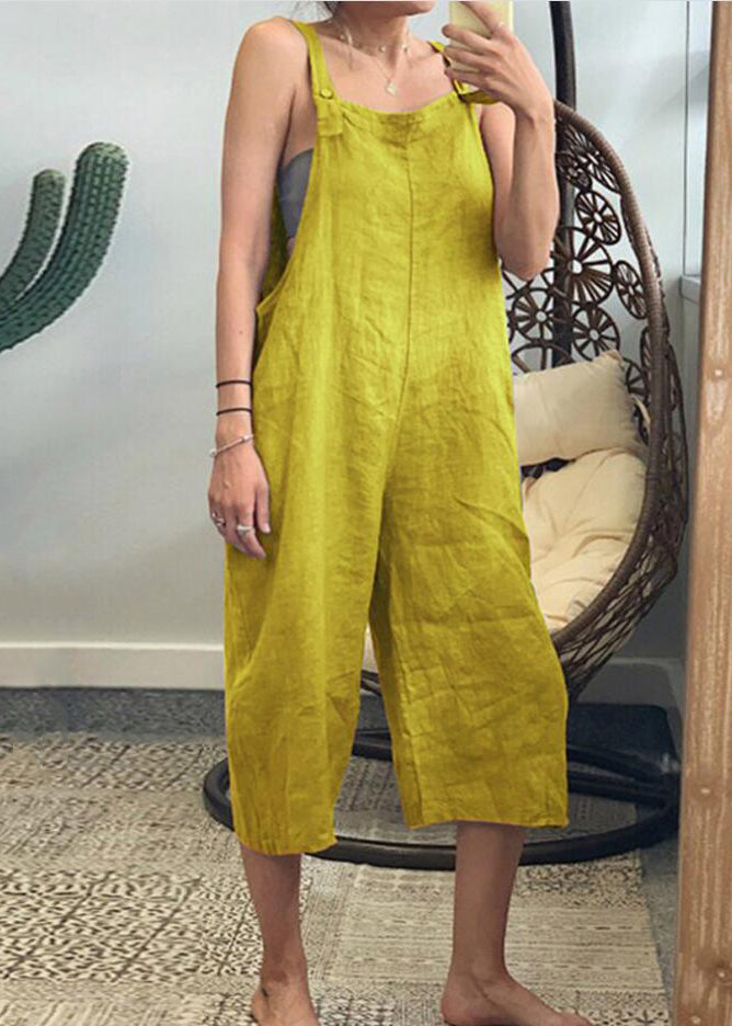 French Yellow Solid High Waist Cotton Jumpsuits Sleeveless FF051 MZF-JPTS240607