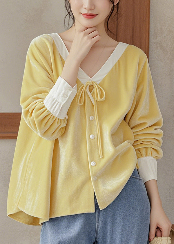 French Yellow V Neck Lace Up Silk Velour Shirt Top Fall WP025 NZ-LTP241107