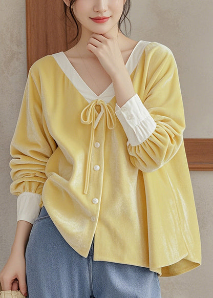 French Yellow V Neck Lace Up Silk Velour Shirt Top Fall WP025 NZ-LTP241107