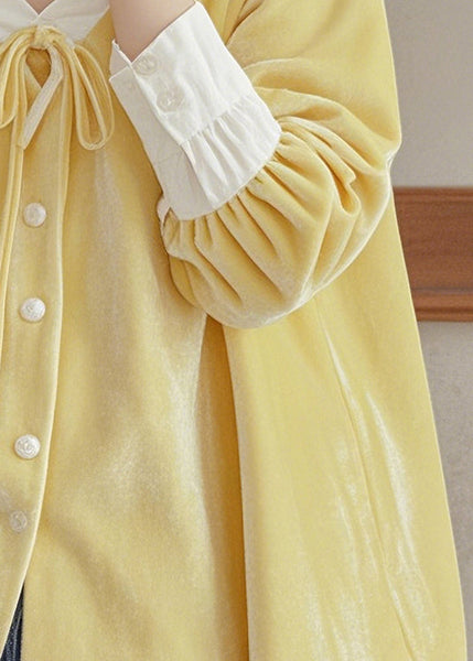 French Yellow V Neck Lace Up Silk Velour Shirt Top Fall WP025 NZ-LTP241107
