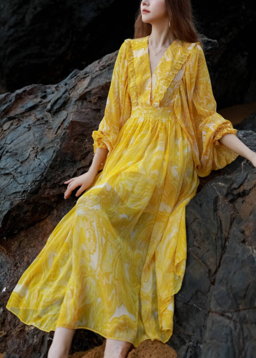 Waist Neck Maxi Print V French Chiffon Lantern Yellow Dresses Tie FashionChic