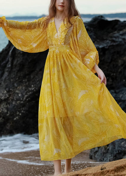 Waist Neck Maxi Print V French Chiffon Lantern Yellow Dresses Tie FashionChic