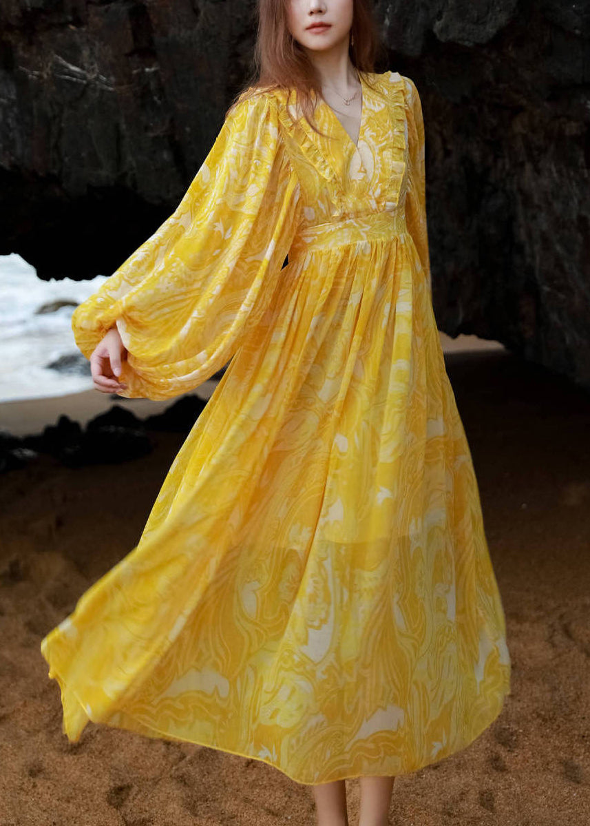 Waist Neck Maxi Print V French Chiffon Lantern Yellow Dresses Tie FashionChic
