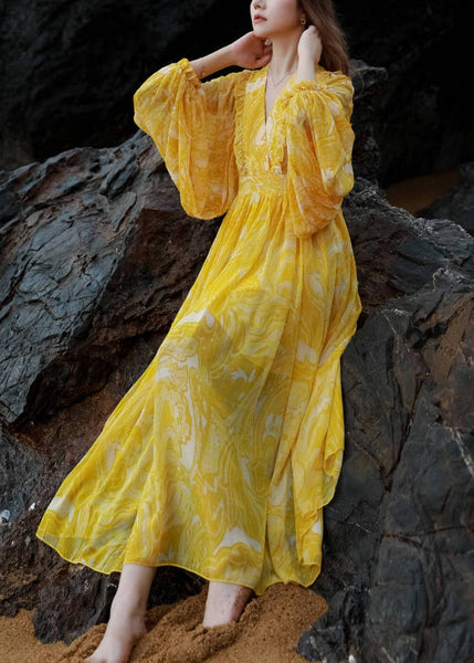 Waist Neck Maxi Print V French Chiffon Lantern Yellow Dresses Tie FashionChic