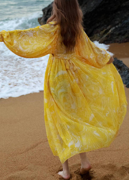 Waist Neck Maxi Print V French Chiffon Lantern Yellow Dresses Tie FashionChic