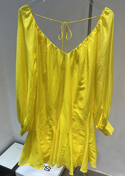 French Yellow V Neck Sexy Cotton Mid Dress Fall RU017 ABC