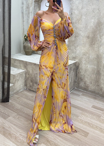 French Yellow Wrinkled Zircon Cotton Maxi Dresses Spring WW1054 Ada Fashion