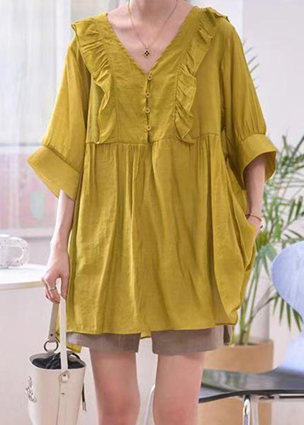 Ginger Wrinkled Cotton Blouse V Neck Half Sleeve MN069 MMDM-HTP240704