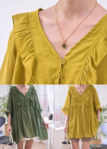 Ginger Wrinkled Cotton Blouse V Neck Half Sleeve MN069 MMDM-HTP240704