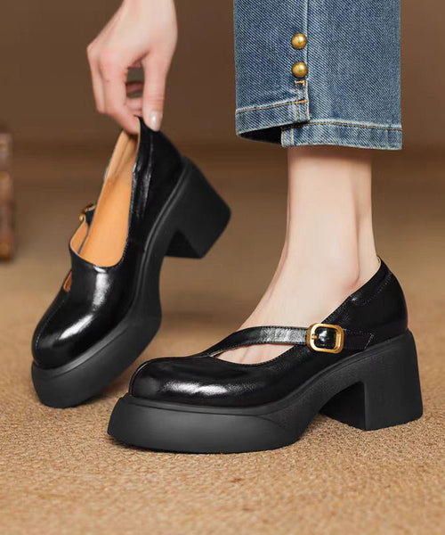 Leather Chunky Cowhide Buckle Gold Splicing Classy Heel Strap FashionChic