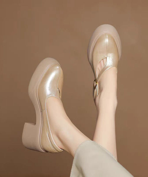 Leather Chunky Cowhide Buckle Gold Splicing Classy Heel Strap FashionChic