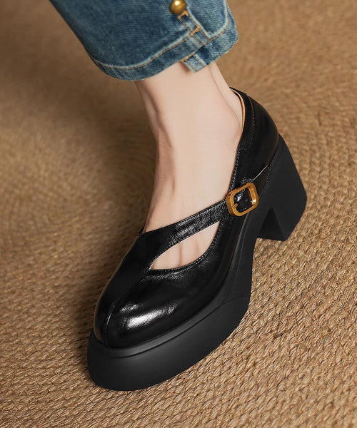 Leather Chunky Cowhide Buckle Gold Splicing Classy Heel Strap FashionChic