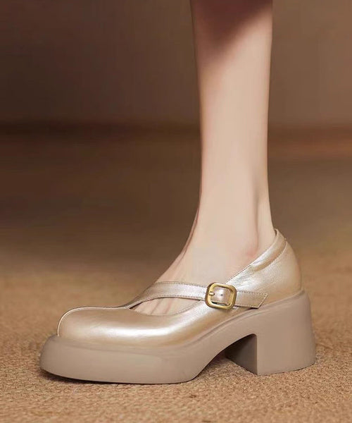 Leather Chunky Cowhide Buckle Gold Splicing Classy Heel Strap FashionChic