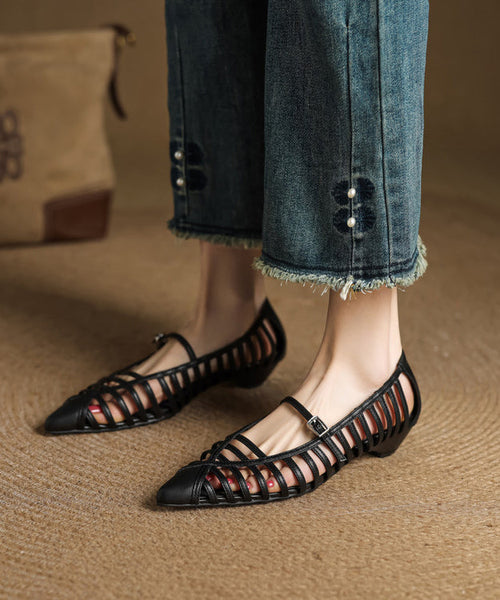 Splicing Cowhide Gold Sandals Toe Out Leather Hollow Pointed FashionChic