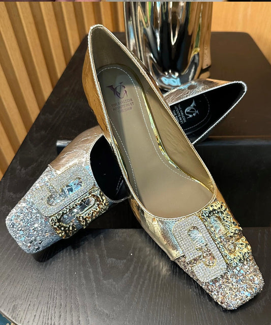 High Splicing Chic Gold Toe Heels Square Zircon Chunky FashionChic