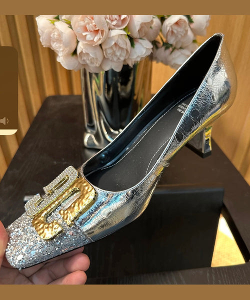 Chic Chunky Zircon Splicing Toe Heels Square High Gold FashionChic