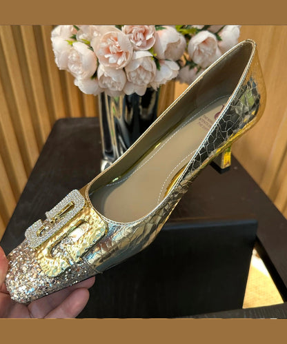 High Splicing Chic Gold Toe Heels Square Zircon Chunky FashionChic
