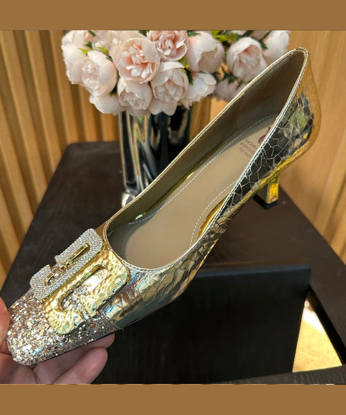 Chic Chunky Zircon Splicing Toe Heels Square High Gold FashionChic