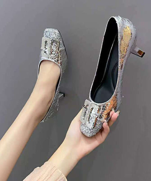 High Splicing Chic Gold Toe Heels Square Zircon Chunky FashionChic