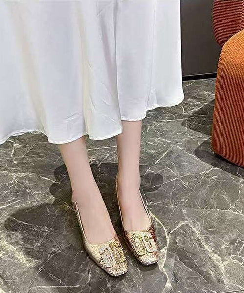 High Splicing Chic Gold Toe Heels Square Zircon Chunky FashionChic