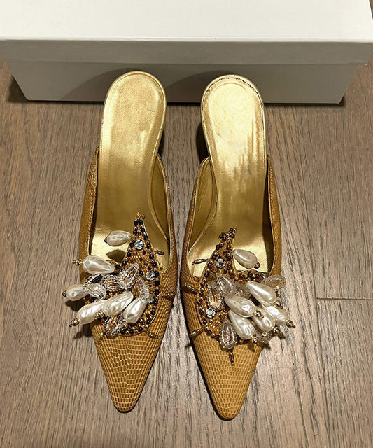 Bead French 2025 New Slide Pointed Sandals Decorated Toe Golden FashionChic