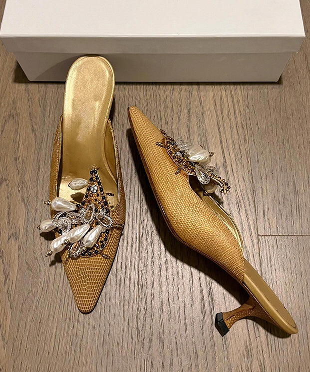Bead French 2025 New Slide Pointed Sandals Decorated Toe Golden FashionChic