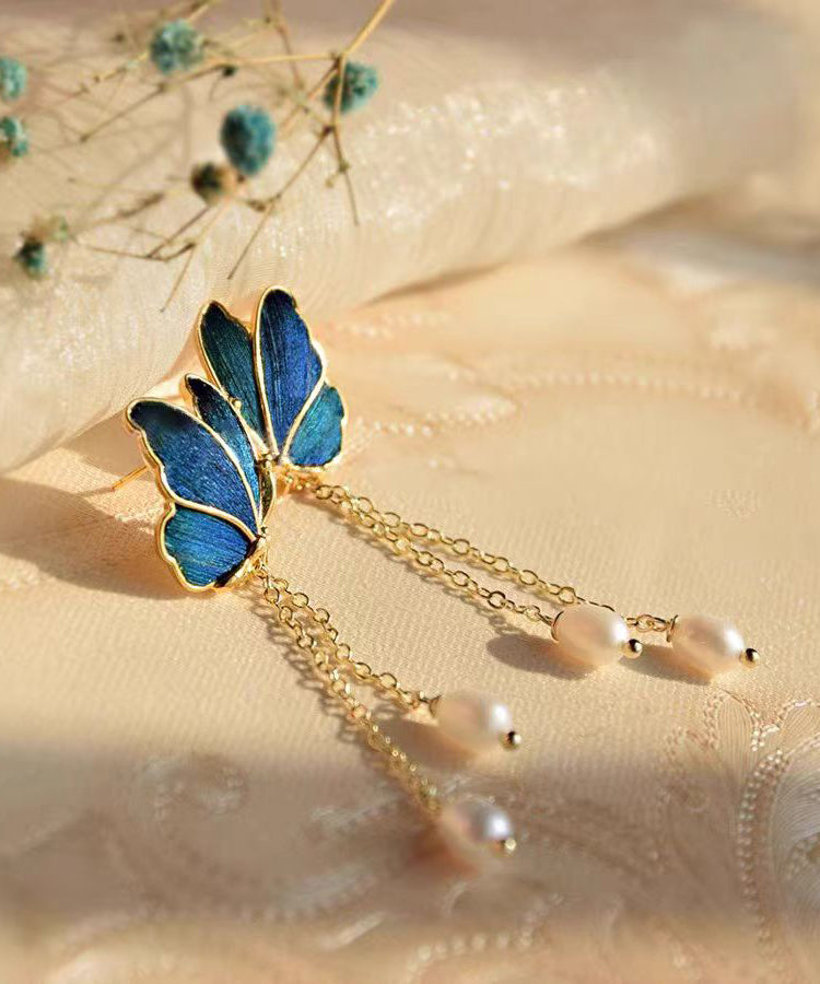 Drop Pearl Butterfly Color Overgild Blue Tassel Gradient Copper FashionChic