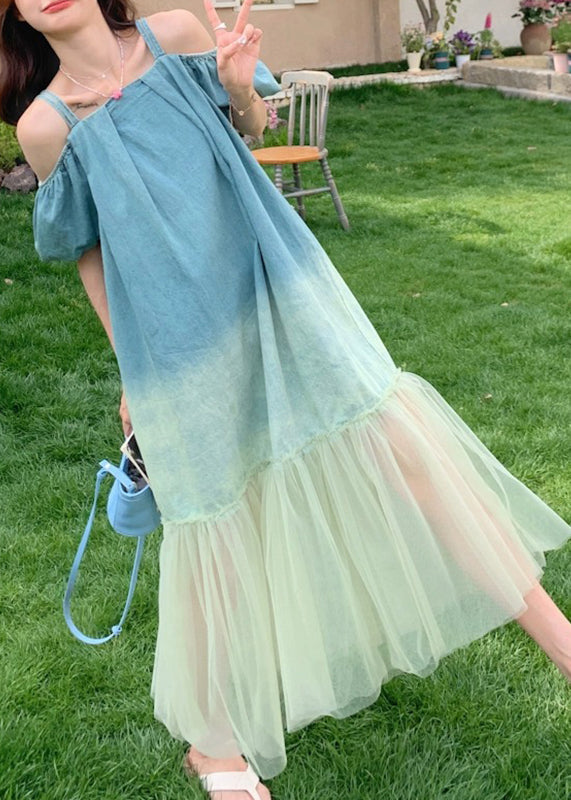 Gradient Color Blue Tulle Patchwork Spaghetti Strap Long Dress Short Sleeve UU1025 SH-LF-SDL240526