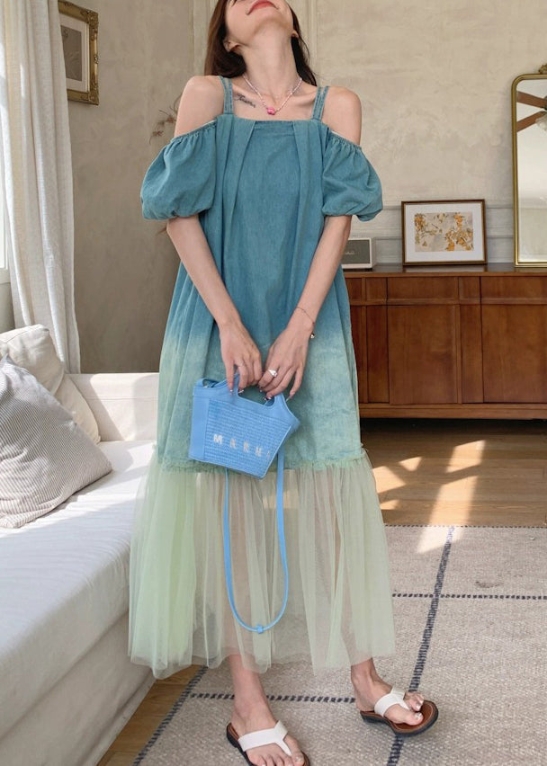 Gradient Color Blue Tulle Patchwork Spaghetti Strap Long Dress Short Sleeve UU1025 SH-LF-SDL240526