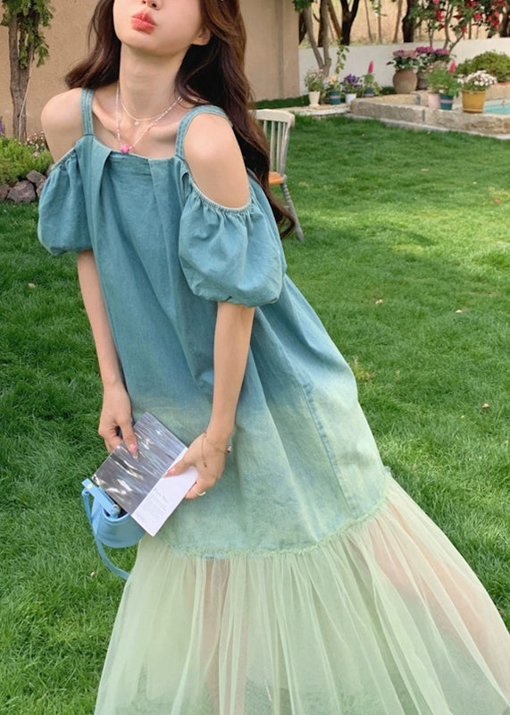 Gradient Color Blue Tulle Patchwork Spaghetti Strap Long Dress Short Sleeve UU1025 SH-LF-SDL240526