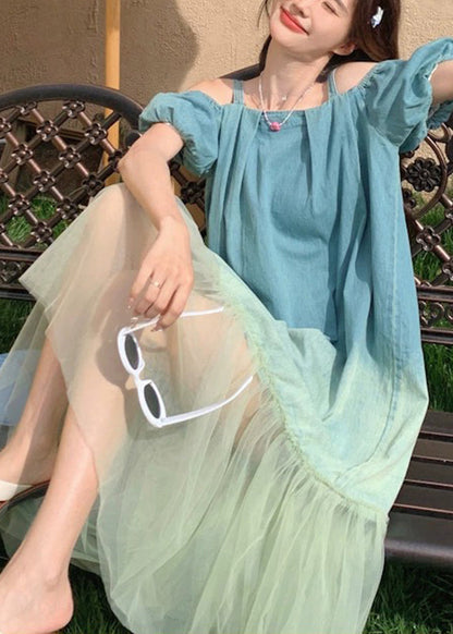 Gradient Color Blue Tulle Patchwork Spaghetti Strap Long Dress Short Sleeve UU1025 SH-LF-SDL240526