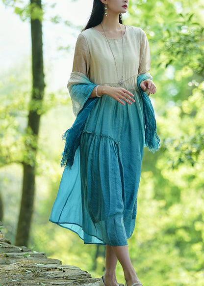 Gradient Color Green Ruffled Patchwork Long Dresses Summer UU044 OM-MM240820