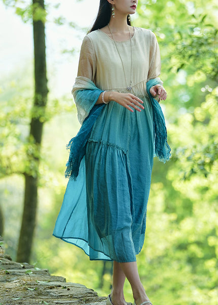 Gradient Color Green Ruffled Patchwork Long Dresses Summer UU044 OM-MM240820