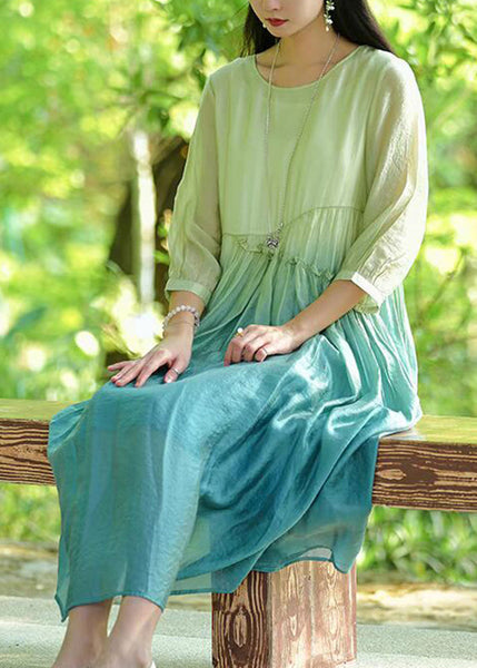 Gradient Color Green Ruffled Patchwork Long Dresses Summer UU044 OM-MM240820