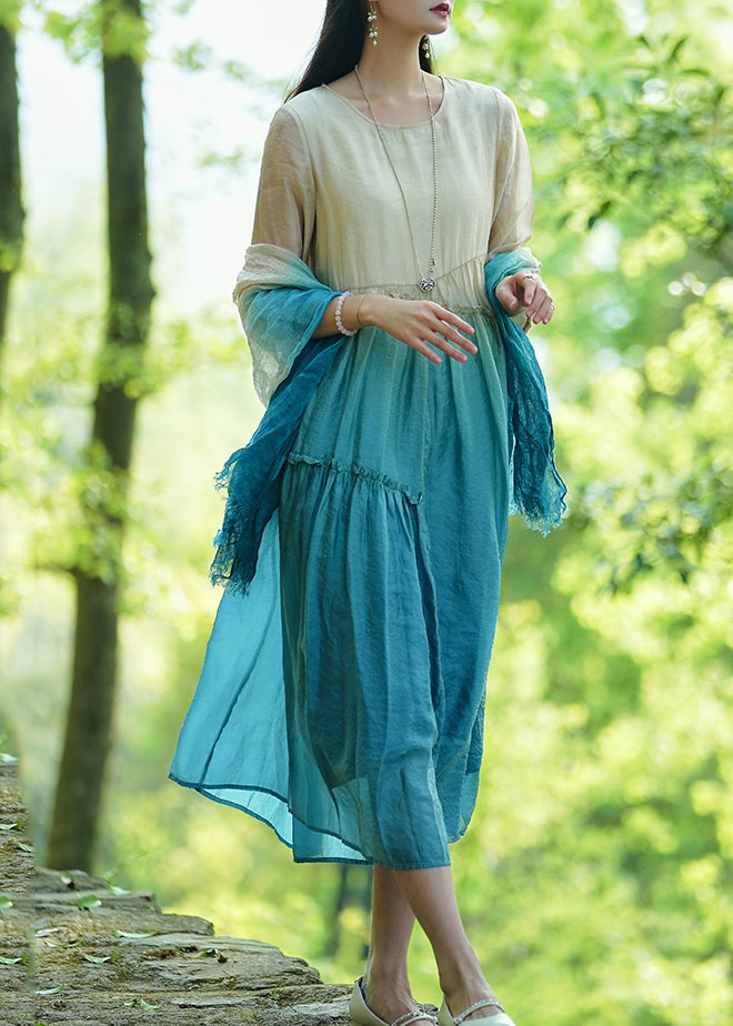 Gradient Color Green Ruffled Patchwork Long Dresses Summer UU044 OM-MM240820