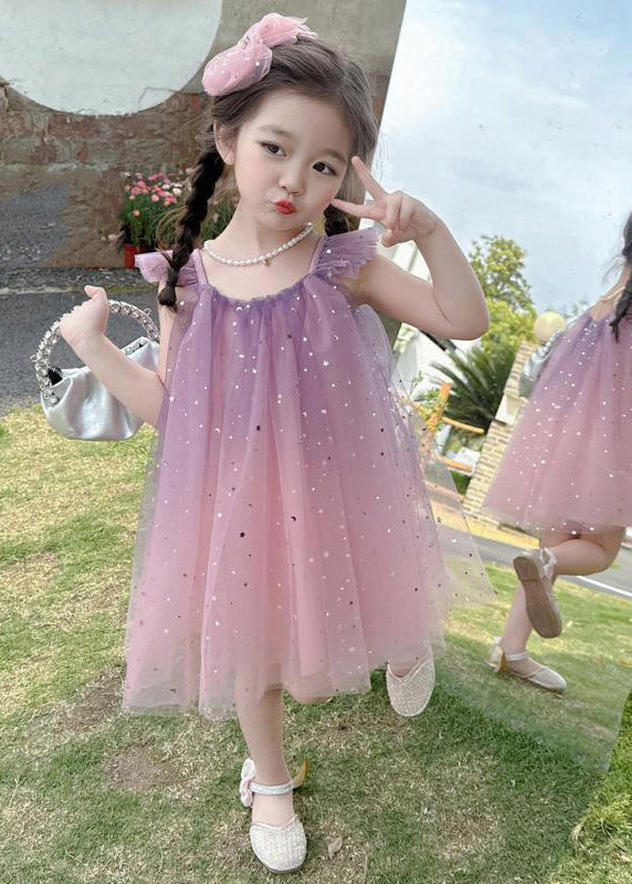 Gradient Color Pink O-Neck Sequins Tulle Girls Mid Dress Short Sleeve GF023 MM-RCTZ-SDM230724