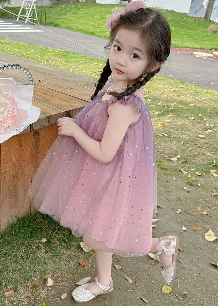 Gradient Color Pink O-Neck Sequins Tulle Girls Mid Dress Short Sleeve GF023 MM-RCTZ-SDM230724