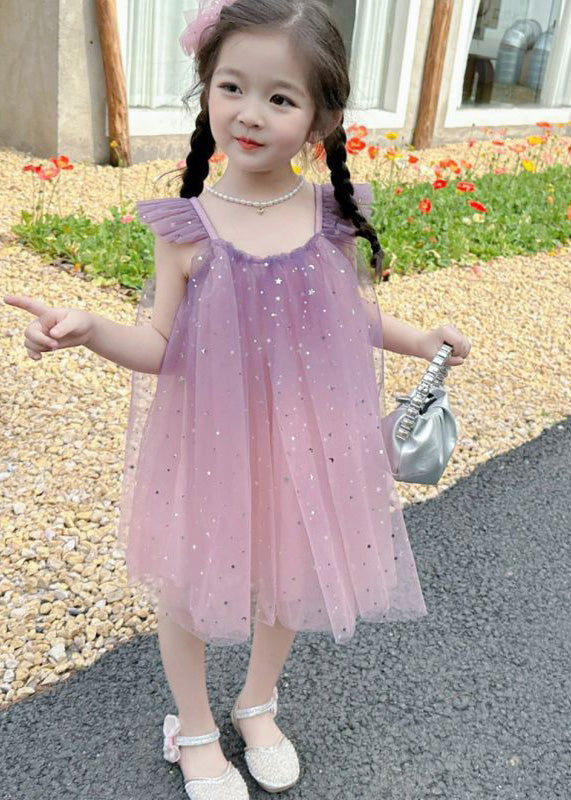 Gradient Color Pink O-Neck Sequins Tulle Girls Mid Dress Short Sleeve GF023 MM-RCTZ-SDM230724