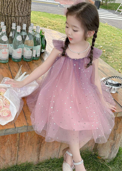 Gradient Color Pink O-Neck Sequins Tulle Girls Mid Dress Short Sleeve GF023 MM-RCTZ-SDM230724