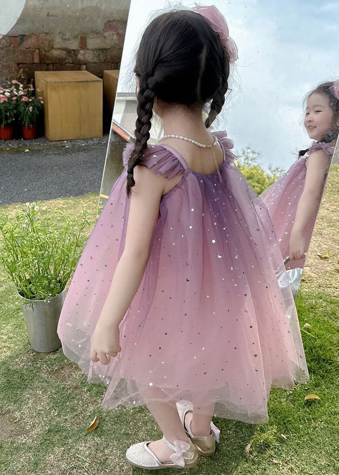 Gradient Color Pink O-Neck Sequins Tulle Girls Mid Dress Short Sleeve GF023 MM-RCTZ-SDM230724