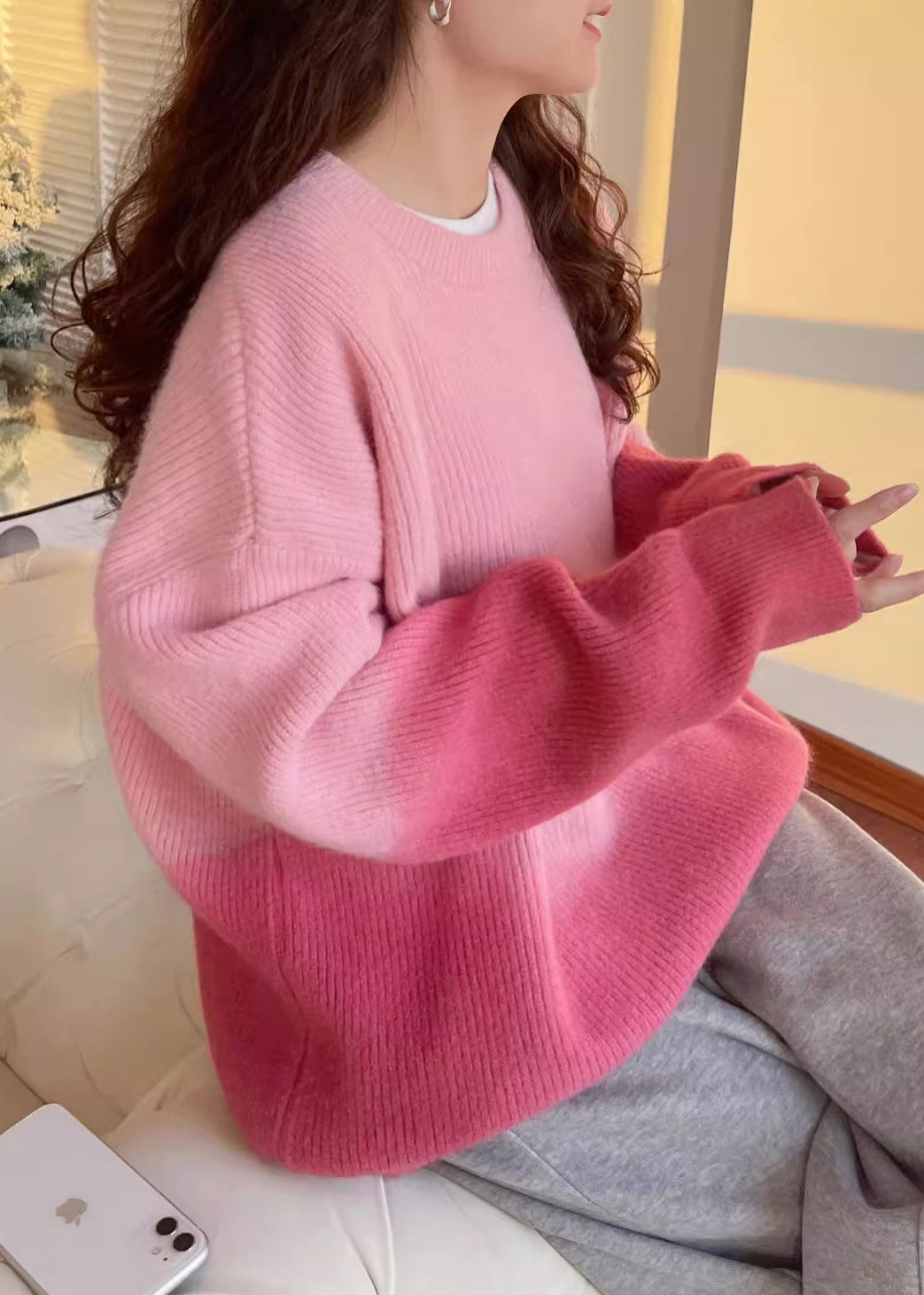 Gradient Color Pink Thick Cotton Knitted Sweater Winter RK017 ABC