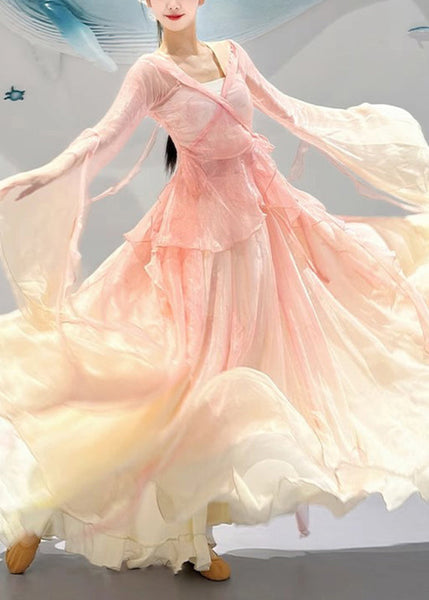 Pieces Two Color And Top Silk Maxi Pink Neck Skirts V Gradient FashionChic