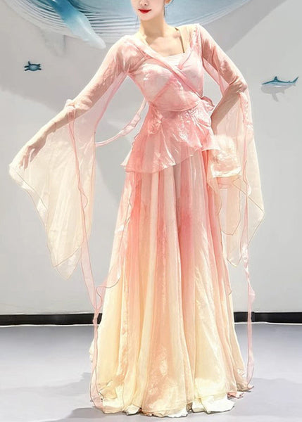 Pieces Two Color And Top Silk Maxi Pink Neck Skirts V Gradient FashionChic