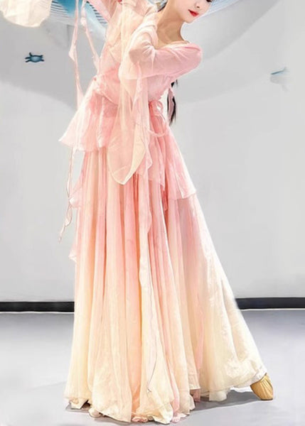 Pieces Two Color And Top Silk Maxi Pink Neck Skirts V Gradient FashionChic