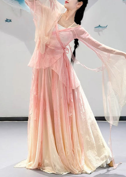 Pieces Two Color And Top Silk Maxi Pink Neck Skirts V Gradient FashionChic