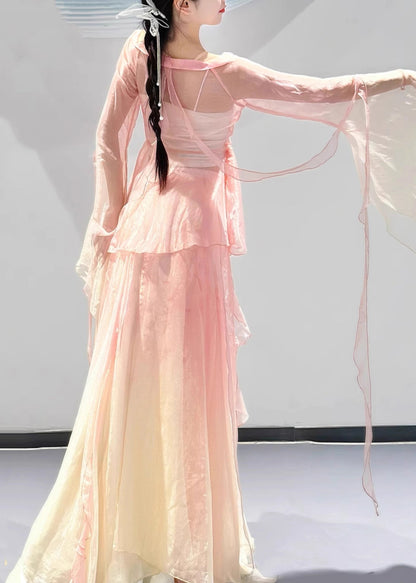 Pieces Two Color And Top Silk Maxi Pink Neck Skirts V Gradient FashionChic