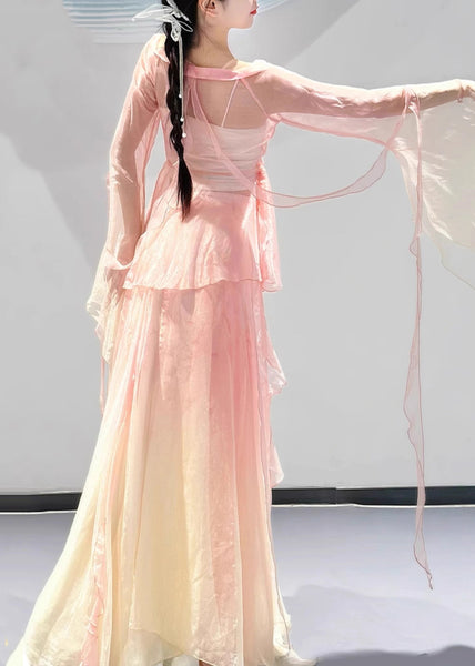 Pieces Two Color And Top Silk Maxi Pink Neck Skirts V Gradient FashionChic